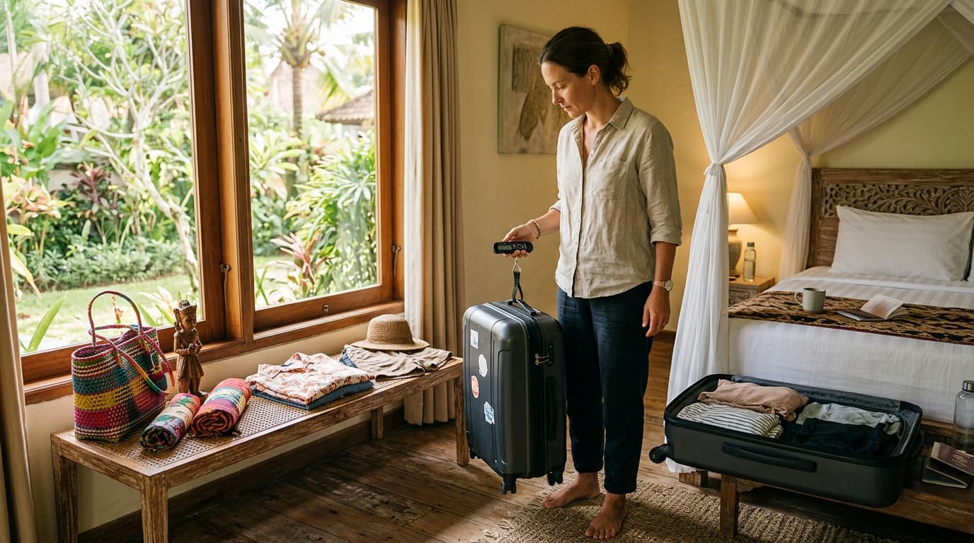 Reiziger weegt een koffer met een kleine bagageweegschaal in een hotel op Bali