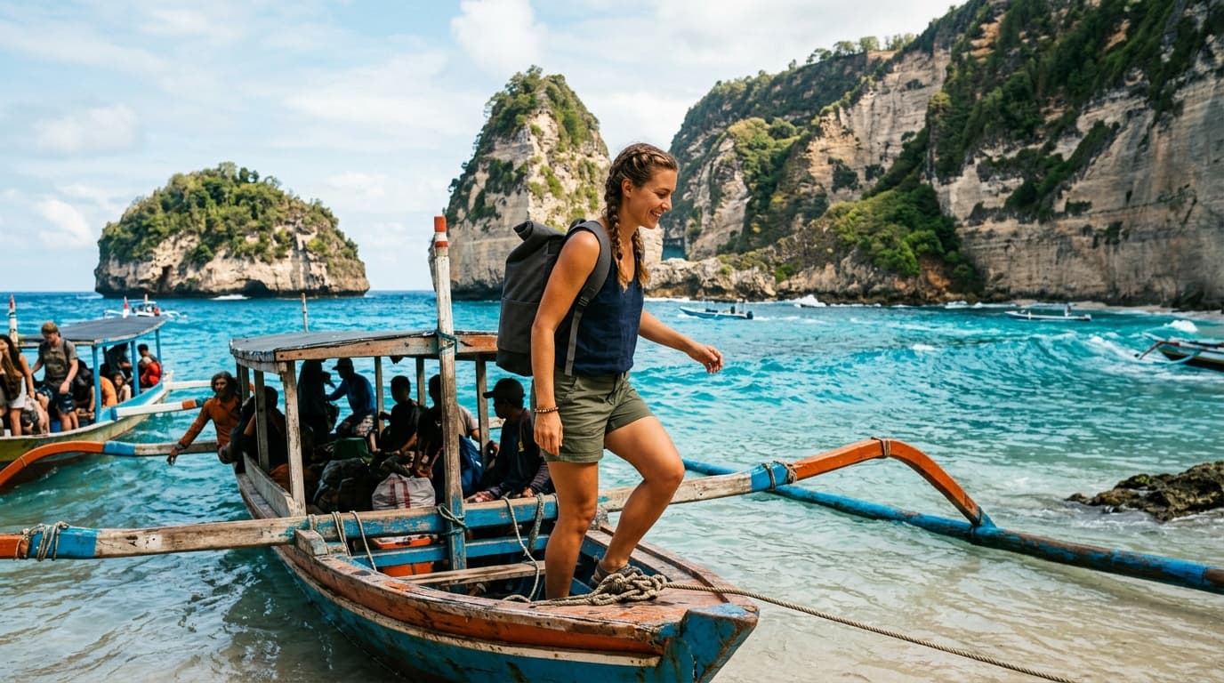 Reiziger stapt met een waterdichte roltas uit een boot bij Nusa Penida
