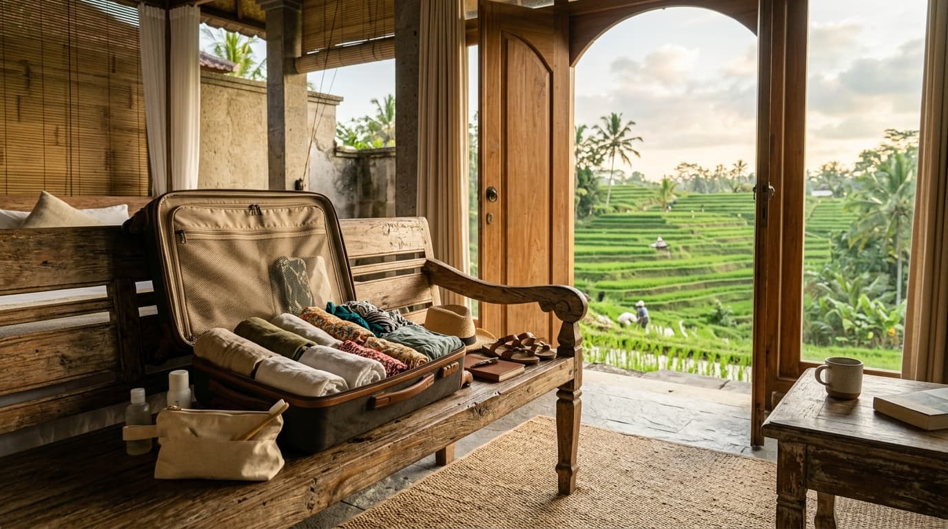 Open koffer met slim ingepakte reisspullen in een Balinese villa