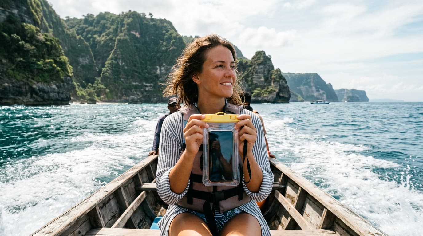 Reiziger houdt een telefoon in een waterdicht hoesje tijdens een boottocht bij Bali