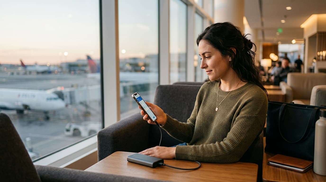 Reiziger laadt haar telefoon op met een powerbank op de luchthaven