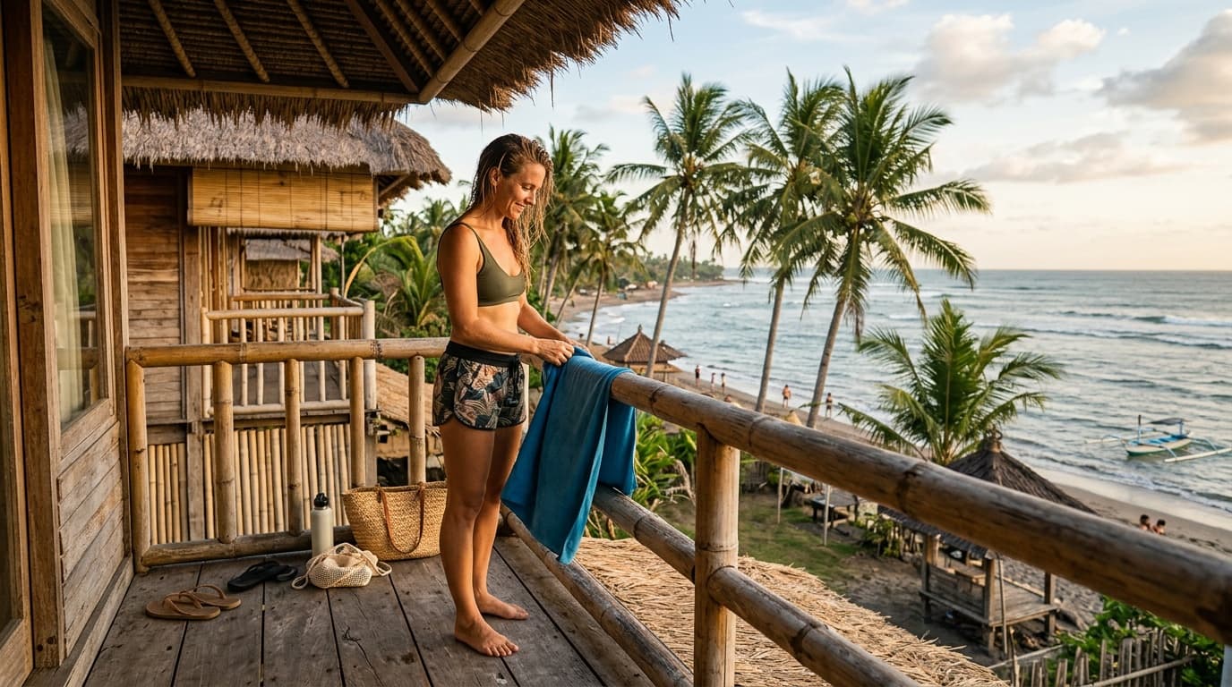 Reiziger hangt een sneldrogende handdoek op bij een strandhuisje op Bali